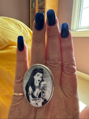 Oval Black & White Enamel ring with Portrait Artwork